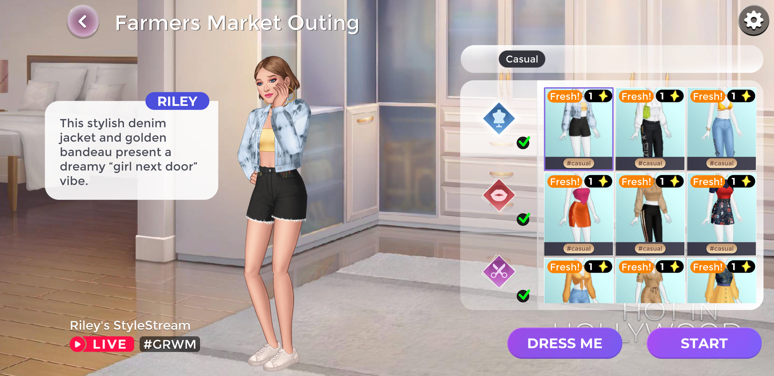 Dress-up screen with outfit options